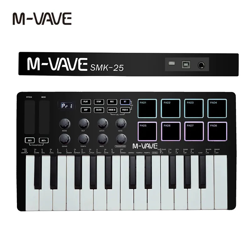 M-VAVE Tragbarer MIDI-25-Tasten-USB-MIDI-Keyboard-Controller mit 8 hintergrundbeleuchteten Drum-Pads, 8 Knöpfen und 8 RGB-Musik-Keyboard-Instrumenten