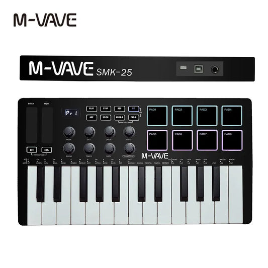 M-VAVE 휴대용 MIDI 25키 USB MIDI 키보드 컨트롤러, 백라이트 드럼 패드 8개, 노브 8개, RGB 음악 키보드 악기 8개