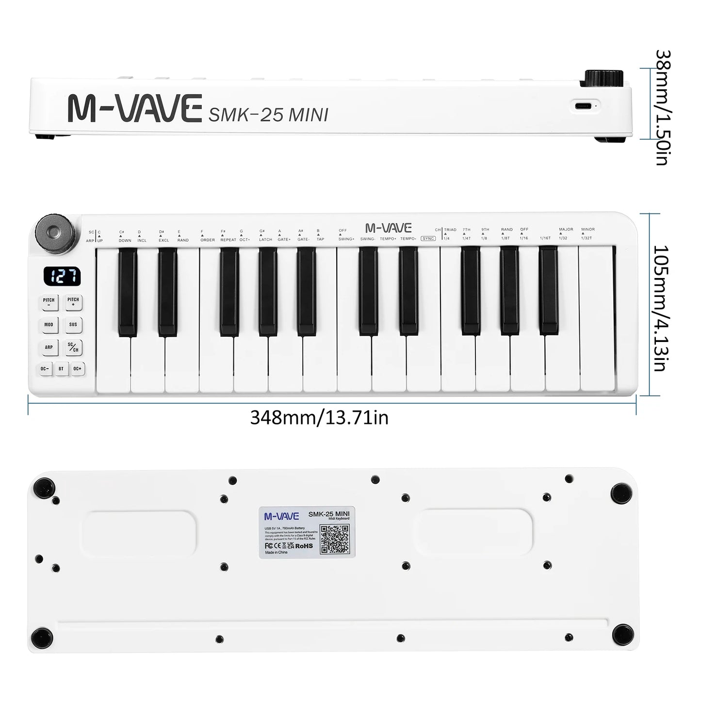 M-vave SMK-25 MIDI-Tastatur, wiederaufladbar, 25 Tasten, MIDI-Steuerung, Tastaturinstrument, tragbarer Mini-USB-Tastatur-MIDI-Controller